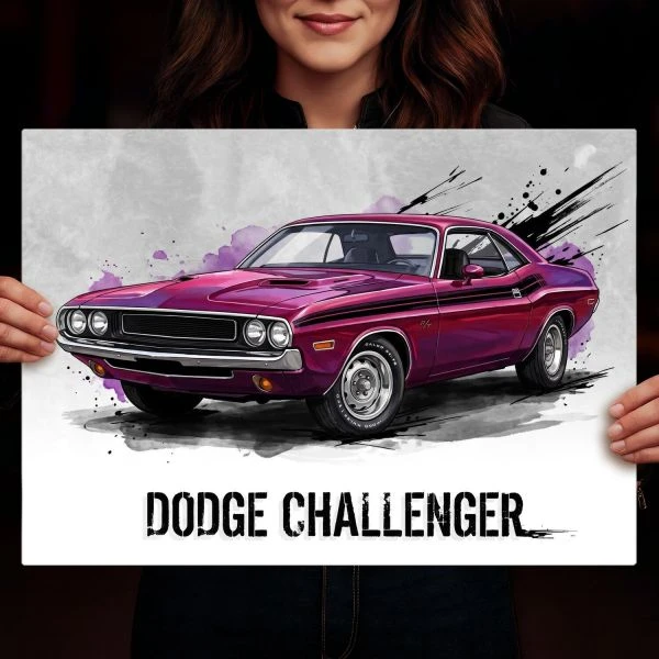 Duzy plakat metalowy z grafika Dodge Challenger R/T